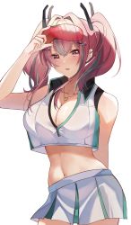 Rule 34 | 1girl, absurdres, arm behind back, azur lane, bare shoulders, blush, breasts, bremerton (azur lane), bremerton (scorching-hot training) (azur lane), cleavage cutout, clothing cutout, collarbone, collared shirt, commentary, cowboy shot, crop top, crop top overhang, eyewear on head, unworn eyewear, green skirt, grey hair, hair between eyes, hair intakes, hair ornament, hand up, heart, heart necklace, highres, holding, holding removed eyewear, jewelry, large breasts, long hair, looking at viewer, midriff, mole, mole under eye, muki (muki kunxd), multicolored hair, navel, necklace, parted lips, pink eyes, pink hair, red-tinted eyewear, revision, shirt, sidelocks, simple background, skirt, sleeveless, sleeveless shirt, solo, sportswear, standing, streaked hair, sunglasses, tennis uniform, tinted eyewear, twintails, two-tone hair, two-tone shirt, two-tone skirt, white background, white shirt, white skirt