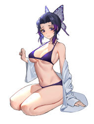 Rule 34 | 1girl, absurdres, bare legs, bare shoulders, bikini, black bikini, black hair, blush, breasts, butterfly hair ornament, cleavage, closed mouth, collarbone, full body, gradient hair, hair ornament, highres, kimetsu no yaiba, kochou shinobu, large breasts, long sleeves, looking at viewer, multicolored hair, navel, northman, open clothes, open shirt, purple eyes, purple hair, seiza, shirt, short hair with long locks, simple background, sitting, smile, solo, strap gap, swimsuit, white background, white shirt
