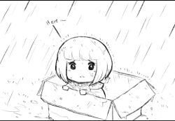 Rule 34 | 1girl, adepta sororitas, blunt bangs, bob cut, box, cardboard box, chibi, commentary, english commentary, english text, for adoption, greyscale, in box, in container, lutherniel, monochrome, rain, sad, short hair, solo, warhammer 40k, wet