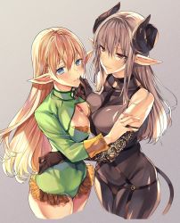 Rule 34 | 2girls, black bodysuit, black gloves, blonde hair, blue eyes, bodysuit, breasts, collarbone, gloves, green leotard, grey background, grey hair, hair behind ear, hand on another&#039;s hip, hand on another&#039;s mouth, highres, horns, large breasts, leotard, looking at viewer, multiple girls, original, parted lips, pointy ears, red eyes, shiosato jun, skirt, smile, yuri