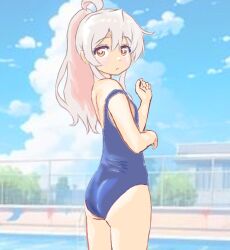 Rule 34 | 1girl, ahoge, ass, blue one-piece swimsuit, blue sky, bright pupils, closed mouth, colored inner hair, cowboy shot, day, fence, frown, genderswap, genderswap (mtf), grey hair, hair between eyes, legs together, long hair, mizumori keiichi, multicolored eyes, multicolored hair, one-piece swimsuit, onii-chan wa oshimai!, orange eyes, outdoors, oyama mahiro, pink hair, pink pupils, ponytail, pool, poolside, red eyes, sky, solo, standing, swimsuit, two-tone hair, yellow eyes