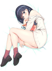 Rule 34 | 10s, 1girl, bare shoulders, bed sheet, black eyes, black hair, breasts, brown footwear, cardigan, commentary request, full body, fumio (ura fmo), gridman universe, highres, legs, looking at viewer, lying, medium breasts, orange scrunchie, scrunchie, shoes, short hair, simple background, socks, solo, ssss.gridman, takarada rikka, thighs, white background, white cardigan, wrist scrunchie