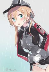 Rule 34 | 1girl, ahenn, anchor, anchor hair ornament, aqua eyes, black skirt, blonde hair, blush, cowboy shot, gloves, hair between eyes, hair ornament, hat, kantai collection, long hair, long sleeves, low twintails, military, military uniform, open mouth, panties, peaked cap, pleated skirt, prinz eugen (kancolle), rain, skirt, solo, twintails, twitter username, underwear, uniform, wet, wet clothes, white gloves, white panties