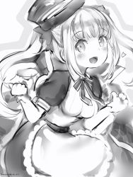 Rule 34 | 1girl, :d, apron, blush, bow, dot nose, gloves, greyscale, hair bow, hands up, hat, highres, kagura gumi, kagura mea, looking at viewer, monochrome, nanashi (nlo), neck ribbon, open mouth, puffy short sleeves, puffy sleeves, ribbon, short sleeves, smile, solo, standing, virtual youtuber, waist apron