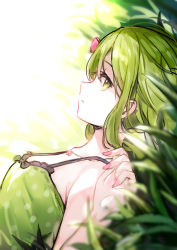 Rule 34 | 1girl, black bow, blurry, blurry background, blurry foreground, bow, breasts, camisole, depth of field, dutch angle, eyebrows hidden by hair, flower, flower necklace, frills, from side, grass, green camisole, green eyes, green hair, hair between eyes, hand up, jewelry, lying, meito (maze), morinaka kazaki, nail polish, necklace, nijisanji, on back, on ground, parted lips, pink nails, polka dot, polka dot camisole, small breasts, solo, upper body, virtual youtuber