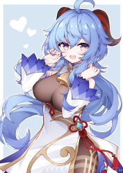Rule 34 | 1girl, :d, absurdres, ahoge, artist name, bell, blue background, blue hair, breasts, cowbell, dated, detached sleeves, fingernails, ganyu (genshin impact), genshin impact, goat horns, hair between eyes, heart, highres, horns, large breasts, long hair, looking at viewer, open mouth, pink eyes, poinia, smile, solo, very long hair