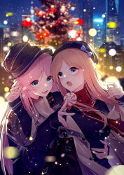 Rule 34 | 2girls, :d, :o, arm around waist, bag, bang dream!, bang dream! it&#039;s mygo!!!!!, beanie, beret, black shirt, blue eyes, blurry, blurry background, blush, bokeh, bow, brown hair, buttons, candy, chihaya anon, chinese commentary, christmas, christmas tree, city, cityscape, coat, commentary request, depth of field, fang, food, handbag, hat, highres, holding, holding candy, holding food, holding lollipop, lollipop, long hair, long sleeves, multiple girls, nagasaki soyo, night, open mouth, pink hair, red scarf, scarf, shirt, smile, snow, teeth, upper teeth only, winter clothes, winter coat, yun cao bing