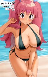 Rule 34 | 1girl, armpits, beach, bikini, black bikini, blush, breasts, cleavage, collarbone, commentary request, commission, halterneck, highres, hinata natsumi, keroro gunsou, large breasts, long hair, looking at viewer, navel, outdoors, pink hair, px-tea, side-tie bikini bottom, skeb commission, solo, stomach, swimsuit, tan, thigh gap, two side up, very long hair