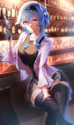 Rule 34 | 1girl, absurdres, alcohol, alternate costume, bar stool, black dress, black gloves, black thighhighs, blue hair, breasts, collarbone, crossed bangs, cup, dress, eshineko, eula (genshin impact), genshin impact, gloves, hair between eyes, half gloves, highres, holding, holding cup, jacket, jewelry, large breasts, long hair, looking at viewer, necklace, parted lips, pendant, purple eyes, sitting, solo, stool, thighhighs