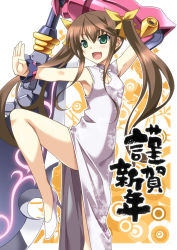 Rule 34 | 10s, 1girl, aoi masami, brown hair, china dress, chinese clothes, dress, fang, fighting stance, green eyes, hair ribbon, huang lingyin, infinite stratos, legs, long hair, long legs, new year, open mouth, polearm, ribbon, solo, thighs, translation request, twintails, weapon, white dress