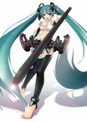 Rule 34 | 1girl, absurdres, aqua eyes, aqua hair, bad id, bad pixiv id, barefoot, blush, breasts, fingerless gloves, gloves, hatsune miku, hatsune miku (append), highres, long hair, navel, necktie, open mouth, shadow, smile, sola (artist), sola (sola04), solo, thighhighs, toeless legwear, twintails, very long hair, vocaloid, vocaloid append