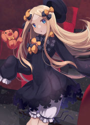 Rule 34 | 1girl, abigail williams (fate), black bow, black dress, black hat, blonde hair, bloomers, blue eyes, blush, bow, breasts, dress, fate/grand order, fate (series), forehead, hair bow, hat, highres, long hair, long sleeves, looking at viewer, multiple hair bows, orange bow, parted bangs, polka dot, polka dot bow, ribbed dress, ryofuhiko, sleeves past fingers, sleeves past wrists, small breasts, solo, stuffed animal, stuffed toy, teddy bear, underwear, white bloomers
