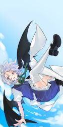 Rule 34 | 1girl, absurdres, alternate costume, apron, back bow, bat wings, black footwear, blue dress, blue sky, bow, braid, clear sky, collared dress, cosplay, dress, eyelashes, falling, fang, fingernails, green neckwear, green ribbon, hair ribbon, highres, izayoi sakuya, izayoi sakuya (cosplay), light purple hair, looking to the side, maid, maid apron, maid headdress, makita (vector1525), mary janes, open mouth, outstretched arm, puffy short sleeves, puffy sleeves, purple eyes, remilia scarlet, ribbon, shoes, short sleeves, skin fang, sky, slit pupils, solo, thighhighs, touhou, tress ribbon, twin braids, vampire, white apron, white sleeves, white thighhighs, wing collar, wings, wrist cuffs