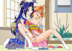 Rule 34 | 2girls, blush, breasts, calligraphy brush, censored, closed eyes, female pubic hair, japanese clothes, kimono, lina inverse, mosaic censoring, multiple girls, naga the serpent, open mouth, paintbrush, pubic hair, pussy, pussy juice, slayers, small breasts, socks, spread legs, sweat, yuri
