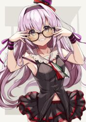 Rule 34 | .live, 1girl, absurdres, adjusting eyewear, armpits, bespectacled, blush, breasts, carro pino, clenched teeth, commentary request, glasses, hair between eyes, hair ornament, headband, highres, long hair, looking at viewer, purple eyes, purple hair, ral (ralf), small breasts, solo, teeth, virtual youtuber