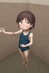 Rule 34 | 1girl, absurdres, bare legs, barefoot, blue one-piece swimsuit, blush, breasts, brown eyes, brown hair, feet, full body, hand on own stomach, highres, looking at viewer, one-piece swimsuit, original, paid reward available, parted lips, sc naru, short hair, small breasts, solo, standing, swimsuit, thighs, tile floor, tiles, toes