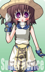 Rule 34 | 1girl, 2000s (style), :o, arm at side, armor, blue gloves, blush stickers, breastplate, brown hair, character name, cowboy shot, dagger, fingerless gloves, gloves, gradient background, hair between eyes, hand up, hat, holding, holding dagger, holding knife, holding weapon, kikkawa (citrus fruits), knife, looking at viewer, no nose, open mouth, purple eyes, ragnarok online, short hair, solo, straight-on, straw hat, super novice (ragnarok online), weapon, yellow hat