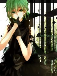 Rule 34 | 1girl, bad id, bad pixiv id, gloves, green eyes, green hair, gumi, hand on own chest, hand to own mouth, just a game (vocaloid), kana (kwbr), kwbr, lace, matching hair/eyes, scarf, short hair, skirt, solo, striped, vocaloid