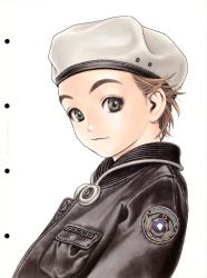 Rule 34 | 1girl, :3, brown hair, closed mouth, emblem, eyebrows, from side, futurhythm, green eyes, hat, highres, jacket, leather, leather jacket, light smile, logo, looking at viewer, murata range, simple background, solo, unzipped, upper body, white background, zipper