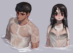 Rule 34 | 1boy, 1girl, blush, breasts, breath, commentary request, large breasts, long hair, long sideburns, original, partially submerged, pectorals, rinotuna, see-through, shirt, short hair, sideburns, toned, toned male, wet, wet clothes, wet hair, wet shirt, white shirt
