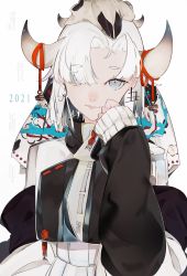 Rule 34 | 1girl, 2021, absurdres, animal skull, asymmetrical bangs, bell, black jacket, blue eyes, cherry blossom print, chinese zodiac, commentary, cow horns, drawstring, floral print, forehead, grey eyes, hair over one eye, hand on own cheek, hand on own face, hand up, highres, horn ornament, horn ribbon, horns, jacket, jingle bell, kanji, light smile, long sleeves, looking at viewer, multicolored clothes, multicolored jacket, original, parted bangs, red ribbon, ribbon, ribbon trim, short hair, shrine bell, simple background, skull on head, sleeve cuffs, sleeves past wrists, solo, turtleneck, two-tone jacket, upper body, veil, white background, white hair, white jacket, white ribbon, year of the ox, yonemuro