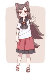 Rule 34 | aged down, animal ears, barefoot sandals (jewelry), blush stickers, brown hair, child, clenched hand, commentary request, full body, highres, imaizumi kagerou, looking at viewer, poronegi, red eyes, red skirt, sandals, shirt, skirt, smile, solo, standing, tail, touhou, v, white shirt, wolf ears, wolf tail