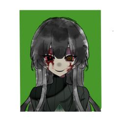 Rule 34 | 1girl, black eyes, black hair, black sweater, blood, blood on face, border, chinese commentary, commentary request, facial mark, green background, green eyes, heterochromia, highres, long hair, looking at viewer, naihe (female) (touqi guaitan), nibatashaizaijialile, open mouth, ribbed sweater, sidelocks, simple background, smile, solo, steepled fingers, sweater, touqi guaitan, turtleneck, turtleneck sweater, white border