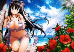 Rule 34 | 1girl, absurdres, beach, bikini, black hair, blue eyes, blue sky, blush, breasts, cleavage, covered erect nipples, female focus, flower, hair ornament, highres, horizon, kneeling, large breasts, leaning forward, long hair, looking at viewer, nature, outdoors, parted lips, plant, sand, side-tie bikini bottom, sky, solo, swimsuit, thigh gap, thighs, water, yam-yam
