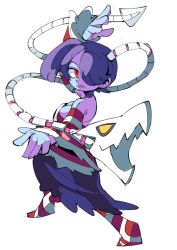 Rule 34 | 1girl, bare shoulders, blue hair, blue skin, breasts, colored skin, detached collar, detached sleeves, full body, hair over one eye, hounori, long hair, long skirt, looking at viewer, red eyes, side ponytail, simple background, skirt, skullgirls, solo, squigly (skullgirls), stitched mouth, stitches, striped sleeves, white background, zombie