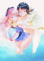 Rule 34 | 2girls, b: the beginning, ball, beachball, bikini, black hair, blue bow, blue dress, bow, closed mouth, commentary request, dress, green jacket, hair bow, holding, holding ball, hoshina lily, hug, hug from behind, jacket, long hair, long sleeves, looking at viewer, multiple girls, open clothes, open jacket, parted lips, pink hair, purple eyes, red eyes, smile, swimsuit, wading, water, white bikini, yaku (ziroken), yuna (b: the beginning)