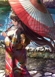 Rule 34 | 1girl, black hair, blush, breasts, brown eyes, day, floating hair, hair ornament, hairband, hairclip, haruna (kancolle), headgear, highres, holding, holding umbrella, japanese clothes, kantai collection, kimono, large breasts, long hair, looking at viewer, multicolored clothes, multicolored kimono, obi, oil-paper umbrella, open mouth, outdoors, sash, seven (shijima), sidelocks, smile, solo, umbrella, wide sleeves