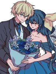 Rule 34 | 1boy, 1girl, absurdres, asymmetrical wings, bare shoulders, blue dress, blue flower, blue hair, blue necktie, blue rose, bouquet, breasts, cleavage, collarbone, couple, dizzy (guilty gear), dress, flower, formal, guilty gear, hair rings, highres, holding, holding bouquet, husband and wife, ktknpdy, ky kiske, long hair, necktie, official alternate costume, red eyes, ribbon, rose, short hair, simple background, suit, tail, tail ornament, tail ribbon, twintails, white background, wings
