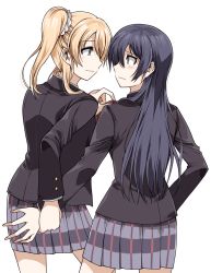 Rule 34 | 10s, 2girls, ayase eli, blazer, blonde hair, blush, clipe, eye contact, from behind, jacket, long hair, looking at another, love live!, love live! school idol project, multiple girls, school uniform, simple background, skirt, smile, sonoda umi, uniform, white background, yuri