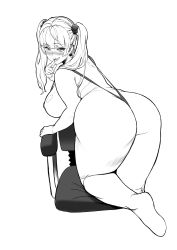 Rule 34 | 1girl, :q, absurdres, ass, back, blush, breasts, earrings, highres, huge ass, jewelry, large breasts, long hair, looking at viewer, looking back, monochrome, original, plump, slingshot swimsuit, solo, swimsuit, thick thighs, thighs, tongue, tongue out, twintails, wow (cor369)