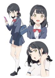 Rule 34 | 1girl, :d, absurdres, bag, black footwear, black hair, blazer, blue jacket, blue skirt, blush, bow, bowtie, breasts, cellphone, collared shirt, commentary request, full body, gym shirt, gym uniform, hand up, highres, holding, holding phone, jacket, loafers, looking at viewer, medium breasts, medium hair, multiple views, open clothes, open jacket, open mouth, original, phone, pomerachi, red bow, red bowtie, school bag, shirt, shoes, simple background, skirt, smartphone, smile, socks, standing, teeth, upper body, upper teeth only, white background, white shirt, white socks, yellow eyes