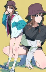 Rule 34 | 1girl, absurdres, black shirt, bloom into me15, blue shorts, brown hair, closed mouth, commentary request, earrings, full body, green eyes, green jacket, grey shorts, hand in pocket, hand on ground, hand on own elbow, hand up, hat, highres, idolmaster, idolmaster cinderella girls, jacket, jewelry, long hair, long sleeves, looking to the side, multiple views, necklace, open clothes, open jacket, open mouth, purple headwear, ring, shaka sign, shibuya rin, shirt, shoes, short shorts, shorts, simple background, sleeves past wrists, socks, squatting, stud earrings, teeth, upper teeth only, white socks, yellow background
