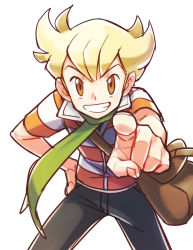 Rule 34 | 1boy, bag, barry (pokemon), black pants, blonde hair, brown eyes, commentary request, creatures (company), game freak, green scarf, hand on own hip, highres, leaning forward, looking at viewer, male focus, momoji (lobolobo2010), nintendo, pants, pointing, pokemon, pokemon dppt, scarf, shirt, short sleeves, shoulder bag, sketch, smile, solo, striped clothes, striped shirt, white background