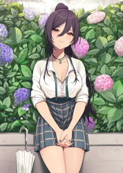 Rule 34 | 1girl, absurdres, black hair, blush, breasts, cleavage, collarbone, collared shirt, earrings, flower, green skirt, hair between eyes, high ponytail, highres, hydrangea, idolmaster, idolmaster shiny colors, jewelry, leaf, leaning back, long hair, looking at viewer, maou (demonlord), medium breasts, nail polish, neck ribbon, necklace, outdoors, own hands together, pendant, pink flower, plaid, plaid skirt, plant, pleated skirt, ponytail, purple flower, ribbon, shirase sakuya, shirt, shirt tucked in, sidelocks, skirt, sleeves rolled up, smile, solo, umbrella, untied, yellow eyes