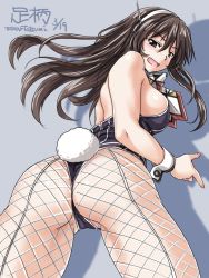 Rule 34 | 1girl, adapted costume, artist name, ashigara (kancolle), ass, blush, breasts, brown eyes, brown hair, dated, detached collar, fake tail, fishnet pantyhose, fishnets, hair between eyes, headband, kantai collection, large breasts, leotard, long hair, looking at viewer, looking back, looking down, open mouth, pantyhose, playboy bunny, purple leotard, shadow, sideboob, solo, tail, tatsumi ray, twisted torso, twitter username, white headband, wrist cuffs