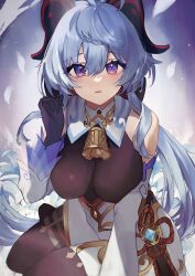 Rule 34 | 1girl, ahoge, bare shoulders, bell, black gloves, blue hair, blush, bodystocking, breasts, cleavage, detached sleeves, expressionless, ganyu (genshin impact), genshin impact, gloves, goat horns, gold trim, highres, horns, large breasts, long hair, looking at viewer, neck bell, purin uni, purple eyes, sidelocks, solo, thighs, vision (genshin impact), white sleeves