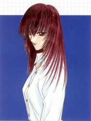 Rule 34 | 1990s (style), 1girl, angel flavor, artbook, blue background, buttons, collared shirt, dress shirt, kurenai kasumi, long hair, looking at viewer, nanase aoi, red eyes, red hair, retro artstyle, seraphim call, shirt, simple background, solo, upper body, white shirt