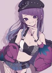 Rule 34 | 1girl, absurdres, asymmetrical bangs, asymmetrical legwear, blunt bangs, bracelet, breasts, cleavage, collarbone, crop top, diagonal bangs, ear piercing, fishnet pantyhose, fishnets, grin, hat, highres, idolmaster, idolmaster shiny colors, jacket, jacket partially removed, jewelry, letterman jacket, looking at viewer, medium breasts, nail polish, navel, o-ring, o-ring top, pantyhose, peaked cap, piercing, purple eyes, purple hair, purple jacket, silhouette, simple background, smile, solo, soushitsuchang, spiked bracelet, spikes, tanaka mamimi, thighhighs, v