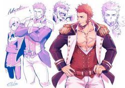 Rule 34 | 1boy, 1girl, abs, angry, artist name, bara, beard, belt, black ribbon, blue eyes, breasts, brown hair, character name, cigar, closed mouth, collage, collar, collared shirt, cowboy shot, crossed arms, epaulettes, eyepatch, facial hair, fate/grand order, fate (series), fringe trim, goatee, hair over one eye, hand on own hip, holding, holding cigar, jacket, long hair, long sideburns, long sleeves, looking at another, looking at viewer, male focus, military, military uniform, monochrome, muscular, napoleon bonaparte (fate), necktie, open clothes, open jacket, open mouth, open shirt, ophelia phamrsolone, pants, pantyhose, pectoral cleavage, pectorals, revealing clothes, ribbon, scar, shirt, sideburns, signature, simple background, smile, smoke, smoking, sparkle, standing, teeth, tight clothes, uniform, upper body, white background, white pants, yume100 asu