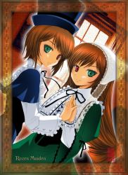 Rule 34 | 00s, 2girls, black ribbon, blue dress, brown hair, copyright name, dress, dutch angle, frills, green eyes, hat, head scarf, heterochromia, holding hands, indoors, long sleeves, looking at viewer, maira gen, multiple girls, red eyes, ribbon, rozen maiden, siblings, sisters, souseiseki, straightchromia, suiseiseki, top hat, twins, upper body