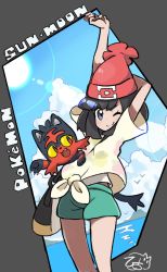 Rule 34 | 1girl, ;), arm up, beanie, black hair, blush, closed mouth, cloud, commentary, copyright name, creatures (company), eyelashes, floral print, game freak, gen 7 pokemon, green shorts, grey eyes, hat, highres, hiisu (s-1104-d), litten, nintendo, one eye closed, pokemon, pokemon (creature), pokemon sm, red headwear, selene (pokemon), shirt, short shorts, short sleeves, shorts, sky, smile, split mouth, stretching, sun, t-shirt, tied shirt
