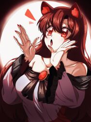 Rule 34 | 1girl, animal ears, bare shoulders, breasts, brown hair, collarbone, commentary, fingernails, full moon, highres, imaizumi kagerou, large breasts, long fingernails, long hair, moon, off shoulder, open mouth, red eyes, red nails, solo, touhou, turtle-kun, upper body, wolf ears, wolf girl