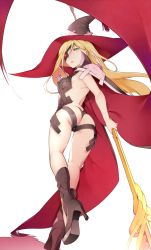 Rule 34 | 1girl, armpits, ass, bare back, bikini, blonde hair, boots, breasts, butt crack, cape, eyepatch, from behind, full body, green eyes, gungnir (toaru), hat, high heels, highleg, highleg bikini, highleg swimsuit, holding, holding polearm, holding spear, holding weapon, long hair, looking at viewer, looking back, medium breasts, nanao (mahaya), othinus, parted lips, polearm, skindentation, solo, spear, swimsuit, toaru majutsu no index, toaru majutsu no index: new testament, weapon, witch hat