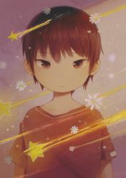 Rule 34 | 1boy, brown eyes, brown hair, commentary request, flower, looking at viewer, male focus, noeyebrow (mauve), original, red shirt, shirt, short hair, short sleeves, simple background, solo, star (symbol)