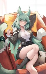 Rule 34 | 1girl, absurdres, animal ear fluff, animal ears, arknights, black jacket, black skirt, black socks, breasts, button gap, cat ears, cat girl, cat tail, collarbone, collared shirt, couch, ema (kuguiema), green eyes, green hair, harmonie (arknights), highres, jacket, kneehighs, large breasts, long hair, looking at viewer, lying, on back, on couch, open clothes, open jacket, pillow, pleated skirt, shirt, skirt, smile, socks, solo, tail, very long hair, white shirt