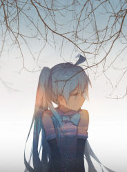 Rule 34 | 1girl, ahoge, blue bow, blue eyes, blue hair, bow, branch, closed mouth, hatsune miku, kieed, long hair, looking to the side, solo, twintails, upper body, very long hair, vocaloid